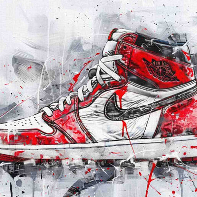 Dettaglio di stampa su tela contemporanea con la sneaker nike jordan 1 retro high og, stile pop art